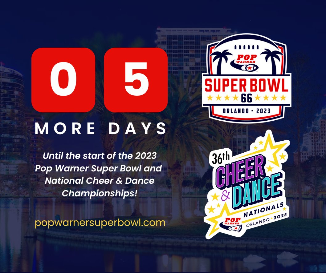 Pop_Warner's tweet photo. The 2023 Pop Warner National Championships kick off in just 5⃣ Days! #popwarnersb #popwarnercheeranddance https://t.co/HYLtMnma3O