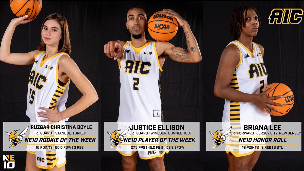 aicathletics's tweet photo. Big time plays from big time players for @AICWBB and @AIC_MBB as Ruzgar Christina Boyle and Justice Ellison earn of-the-week accolades and Briana Lee takes home an honor roll spot!

#AICommitted #NE10Embrace https://t.co/QgCc7q5owX