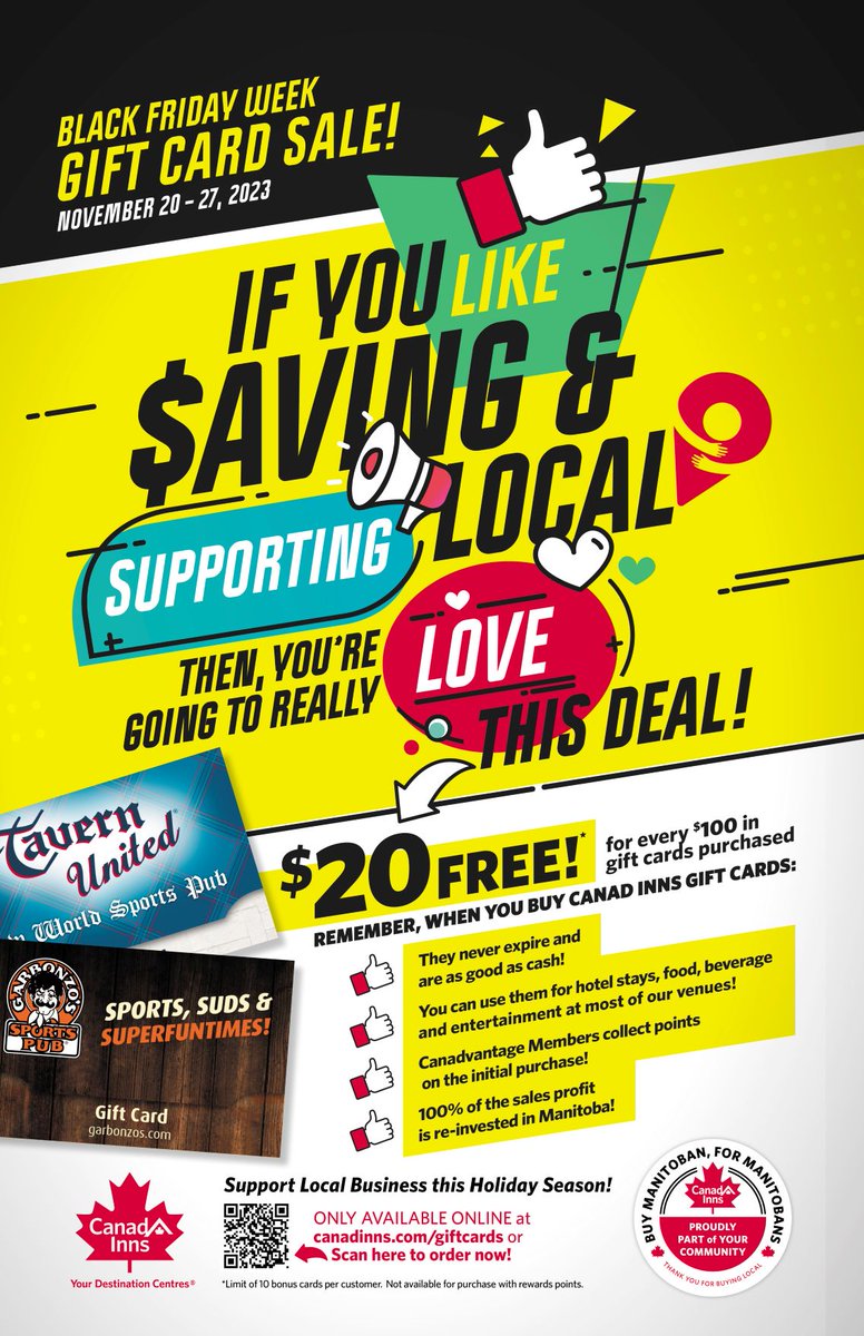 LAST DAY!!!! Don't miss out on our Black Friday Gift Card Sale.  Purchase $ 100 Canad Inns Gift Cards and get $ 20 FREE.   Visit canadinns.com to order TODAY!