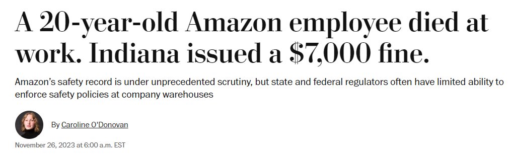 GunnelsWarren's tweet photo. Jeff Bezos became $2 billion richer on Friday.
He's now worth $171 billion.
Amazon is a $1.54 trillion company.

It was fined just $7,000 after an Indiana worker died from injuries as a result of Amazon's dangerous working conditions.

Our health &amp; safety laws are a cruel joke. https://t.co/JaSkMzy8jW