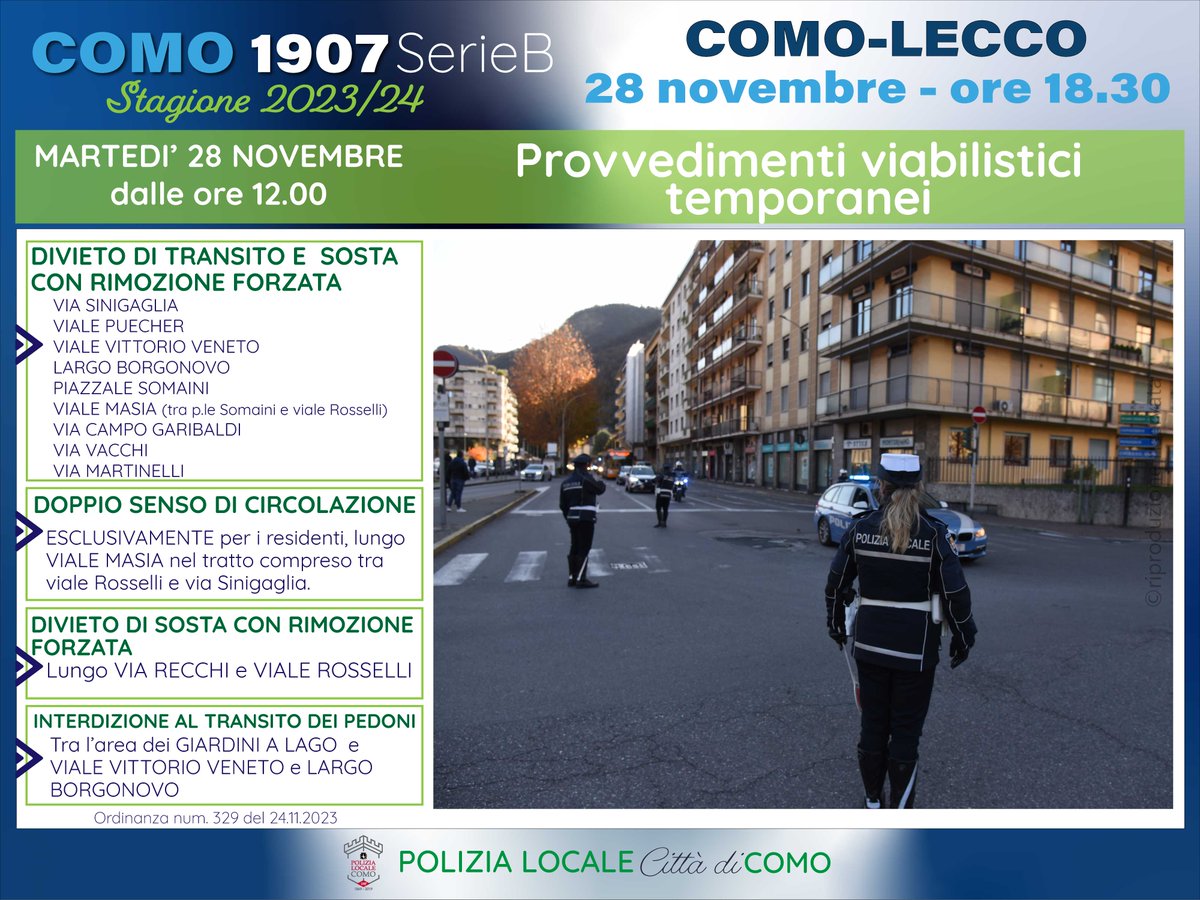 📷COMO - LECCO
📷28 NOVEMBRE ore 18.30
𝗣𝗿𝗼𝘃𝘃𝗲𝗱𝗶𝗺𝗲𝗻𝘁𝗶 𝘃𝗶𝗮𝗯𝗶𝗹𝗶𝘀𝘁𝗶𝗰𝗶 𝘁𝗲𝗺𝗽𝗼𝗿𝗮𝗻𝗲𝗶 📷 𝗦𝘁𝗮𝗱𝗶𝗼 𝗦𝗶𝗻𝗶𝗴𝗮𝗴𝗹𝗶𝗮
📷in vigore dalle ore 12.00 di martedì 28 novembre
#PoliziaLocaleComo #CalcioComo