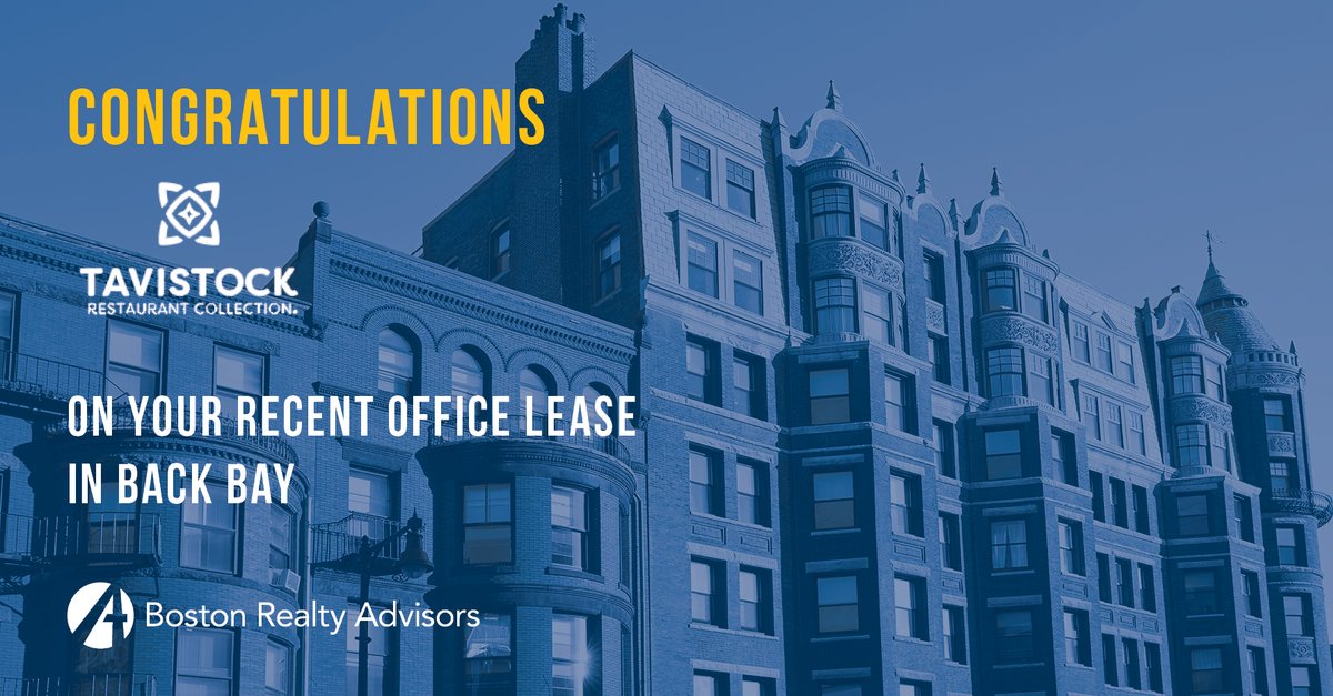 bradvisors's tweet photo. Congratulations, Tavistock Restaurant Collection on your recent office lease in Back Bay!

#Boston #BostonCRE #BackBayOffice #BackBay #OfficeLease #BRAdvisors https://t.co/2rrixGSHXv