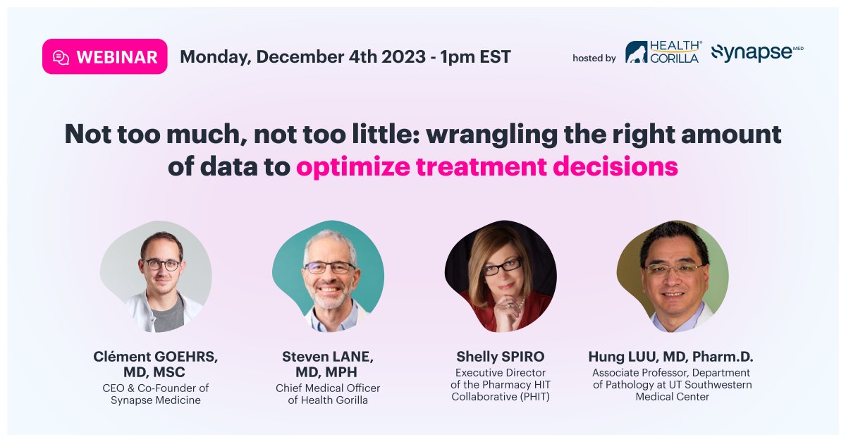 📈 'Not Too Much, Not Too Little' 📉 'Wrangling the Right Amount of Data to Optimize Treatment Decisions,' a @SynapseMed webinar, is happening in one week! You'll hear from clinicians and healthcare technologists about how the right technology solutions can empower healthcare…
