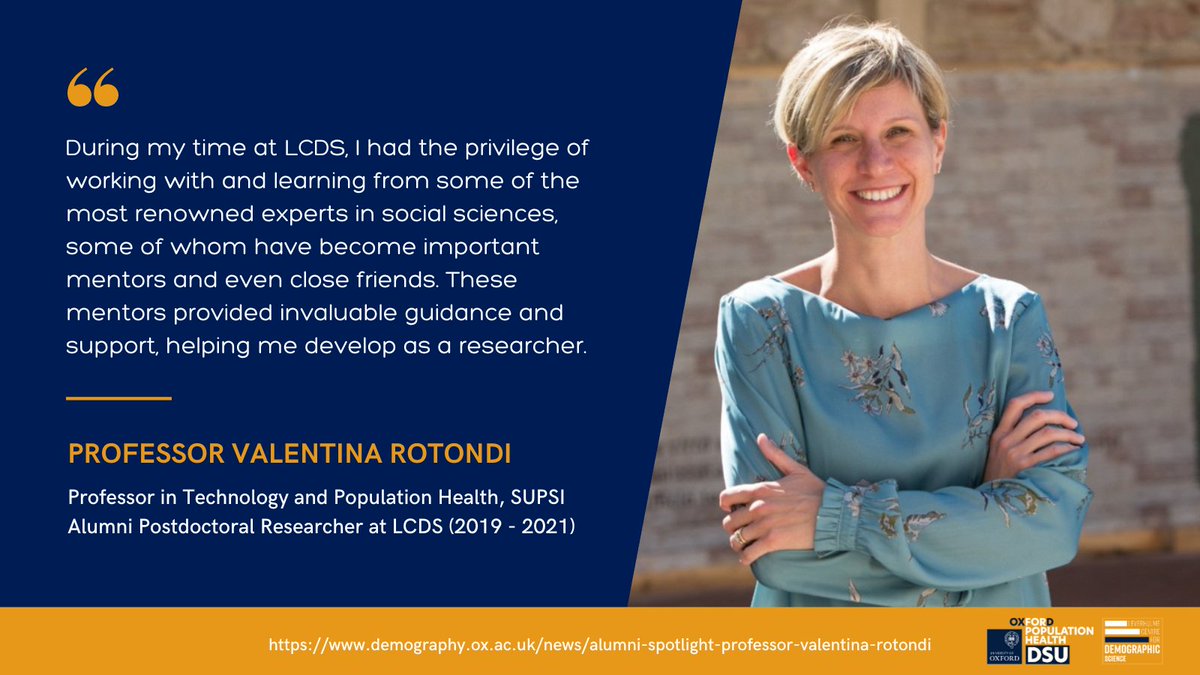OxfordDemSci's tweet photo. Congrats to our alumni @rotondivale who was recently promoted to Professor in Technology and Population Health at @supsi_ch 👏🎓 Prof Rotondi reflects on her career so far, offers tips for aspiring #demographers, and outlines exciting plans ahead ➡️ https://t.co/IbsUdA5C1J https://t.co/qEm71V3psO