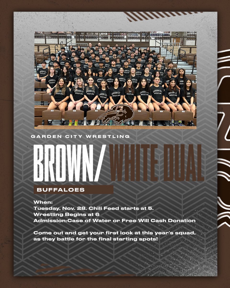 The Brown/White dual is finally here!  Tuesday night, chili feed starts at 5 and wrestling at 6!  
Admission is free will cash donation or a case of water. 
Match ups will be posted tomorrow!