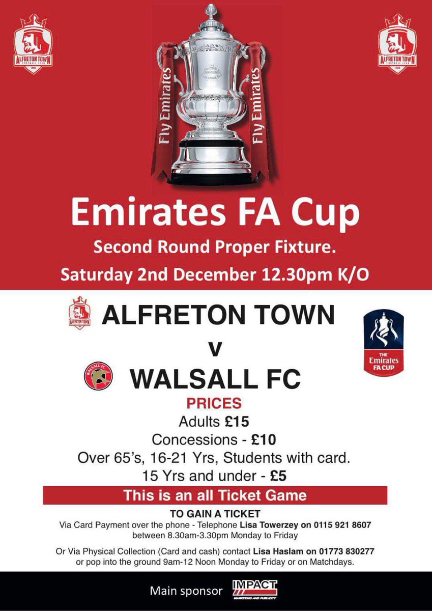 AlfretonTownFC's tweet photo. NEXT UP:

The biggest game in the clubs recent history awaits as we welcome @WFCOfficial to the Impact Arena. 

🗓️ Saturday 2nd December 
⏱️ 12:30
🆚 @WFCOfficial 
🏆 FA Cup (Second Round)
🏟️ Impact Area
📍 DE55 7FZ
📺 BBC 1

🎟️: SEE BELOW https://t.co/3qNmfTUwXW