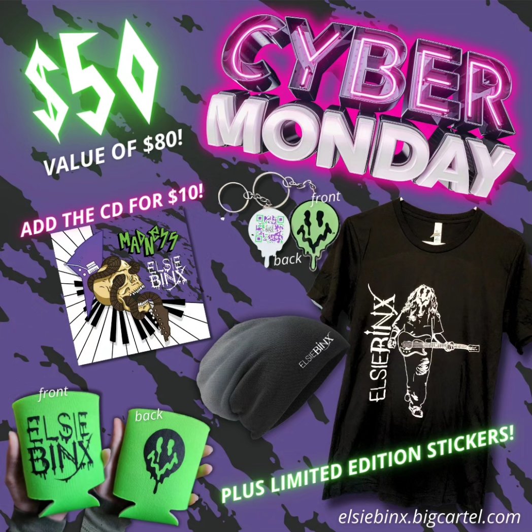 elsiebinx's tweet photo. HAPPY CYBER MONDAY MADNESS! 💜💚 We'll be closing down our Big Cartel store this week (to re-open on a new site) so a lot our newest 'Madness' gear is $5 off! What's your favorite item?? Do you know someone who could use some EBX swag for the holidays?? 🤔🎁 https://t.co/tMFa7YV6Pb