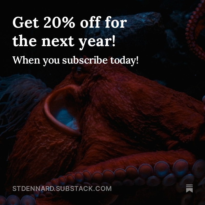 I'm giving away a 20% discount to the Misfits &amp; Daydreamers today! Grab the deal here and get all the good writing life content--both upcoming posts and past ones!  stdennard.substack.com/cybermonday