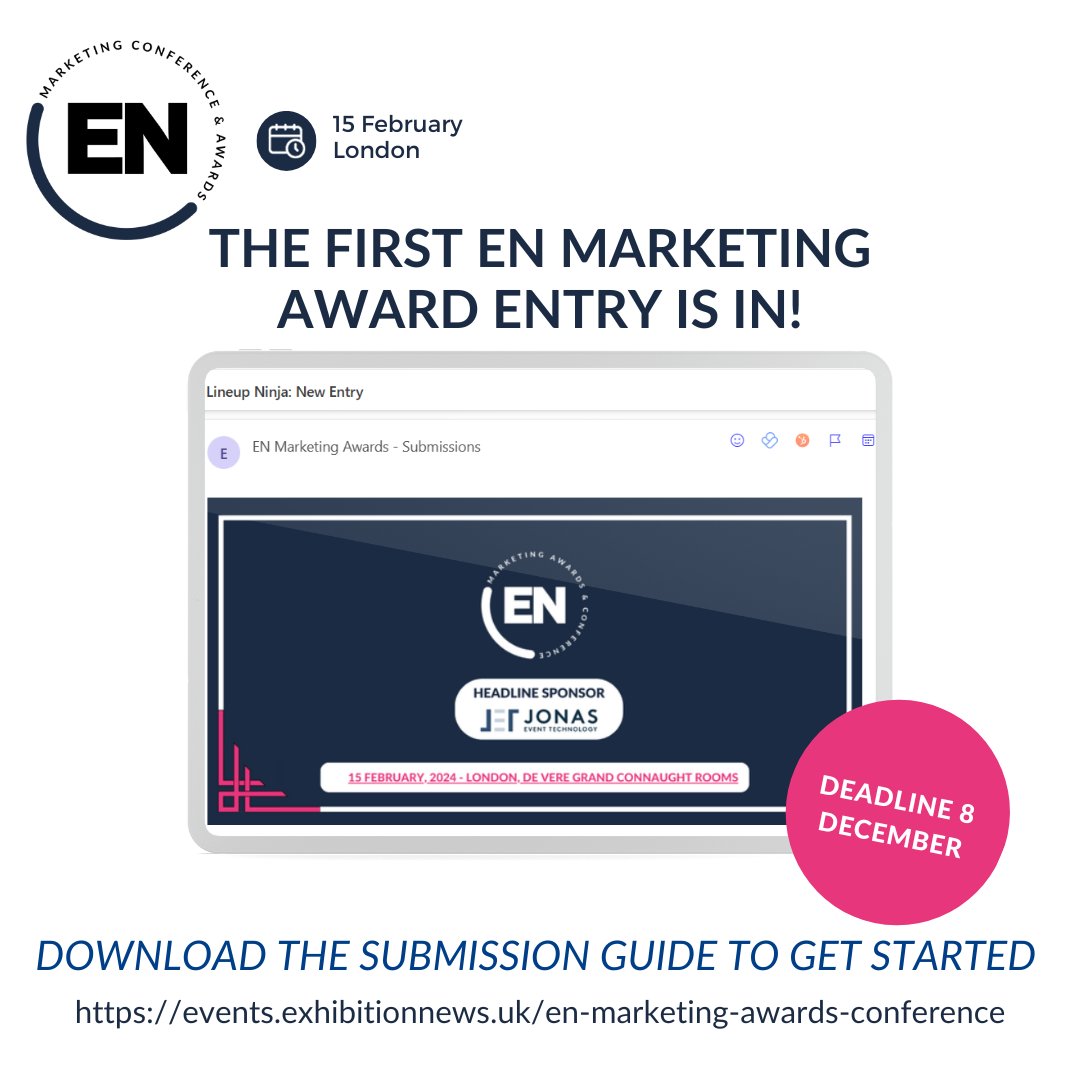 ExhibitionNews's tweet photo. 🏁 The race to the finish line has officially begun, the first entry to the EN Marketing Awards has been submitted! 

Don't worry, you still have time to download the submission guide and get your entries in! 
https://t.co/5FCyFKppOZ
#ENMCA24 #eventmarketing #marketingawards https://t.co/tfAKZw2T1K