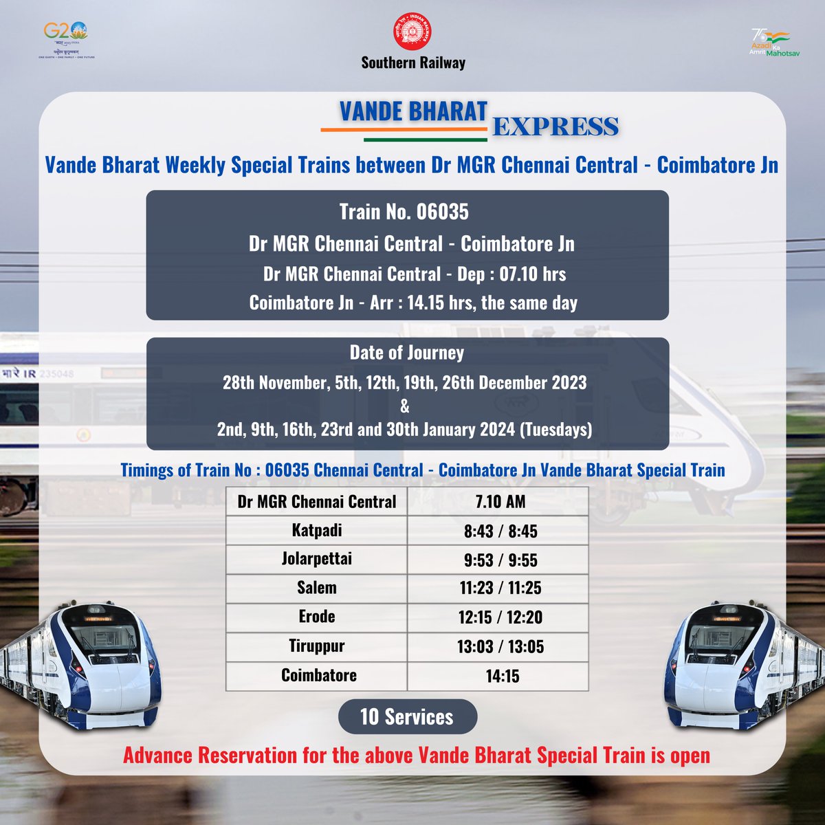 GMSRailway's tweet photo. 06035 / 06036 #VandeBharat Weekly Special Trains to be operated between Dr MGR #Chennai  Central- #Coimbatore to clear extra rush of passengers, Kindly take note and plan your journey 

#SouthernRailway https://t.co/RiEUsjqwNx