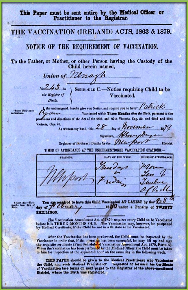 Today in 1879.. 'Notice of Requirement of Vaccination' under 'The Vaccination (Ireland) Acts, 1863 & 1879'. Includes a Penalty of 20 Shillings if the child is not Vaccinated within 30 Days of Birth. #Limerick #OTD #Vaccine