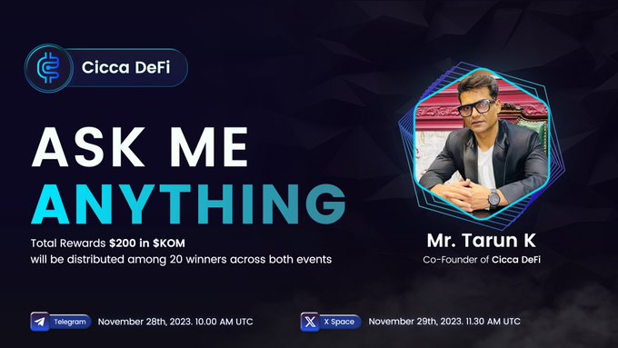 ama_tracker's tweet photo. ๐ช@Kommunitas1 and @CiccaDefi will hold AMA session!
#Kommunitas is a #decentralized crowdfunding ecosystem for #web3.0 projects.
#CiccaDefi Network is AI Powered staking protocol, Metaverse ,Web3Games Nft Minting, AI chat and more.
Telegram
๐ Date and Time: 28th November 2023, 10:00 AM UTC
๐ Venue: https://t.co/r8QmhTklL6
X Space
๐ Date and Time: 29th November 2023, 11:30 AM UTC
๐ Venue: https://t.co/dE0kSxuN1v
#AmaTracker