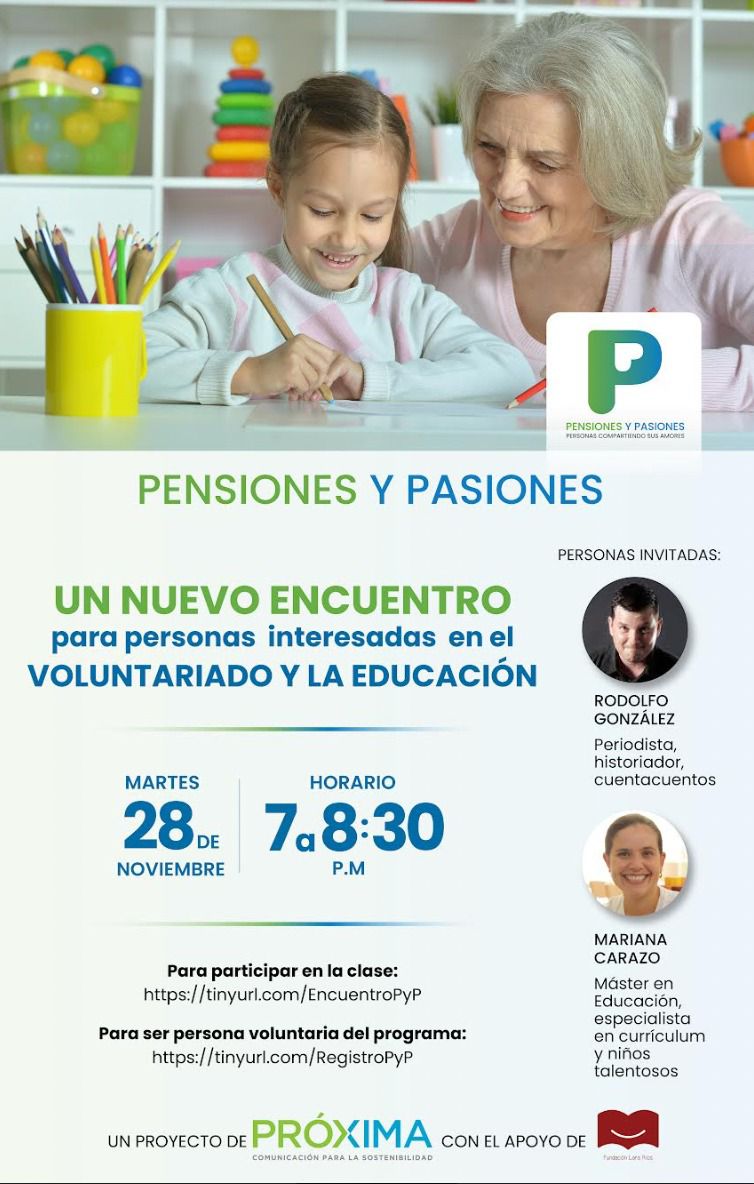 ¿Le interesa el voluntariado y la educación? Mañana 28 tendremos la segunda clase de #PensionesyPasiones a las 7 pm.  Con <a href="/rojogon/">Rodolfo González</a> y Mariana Carazo.     Para inscribirse: tinyurl.com/EncuentroPyP