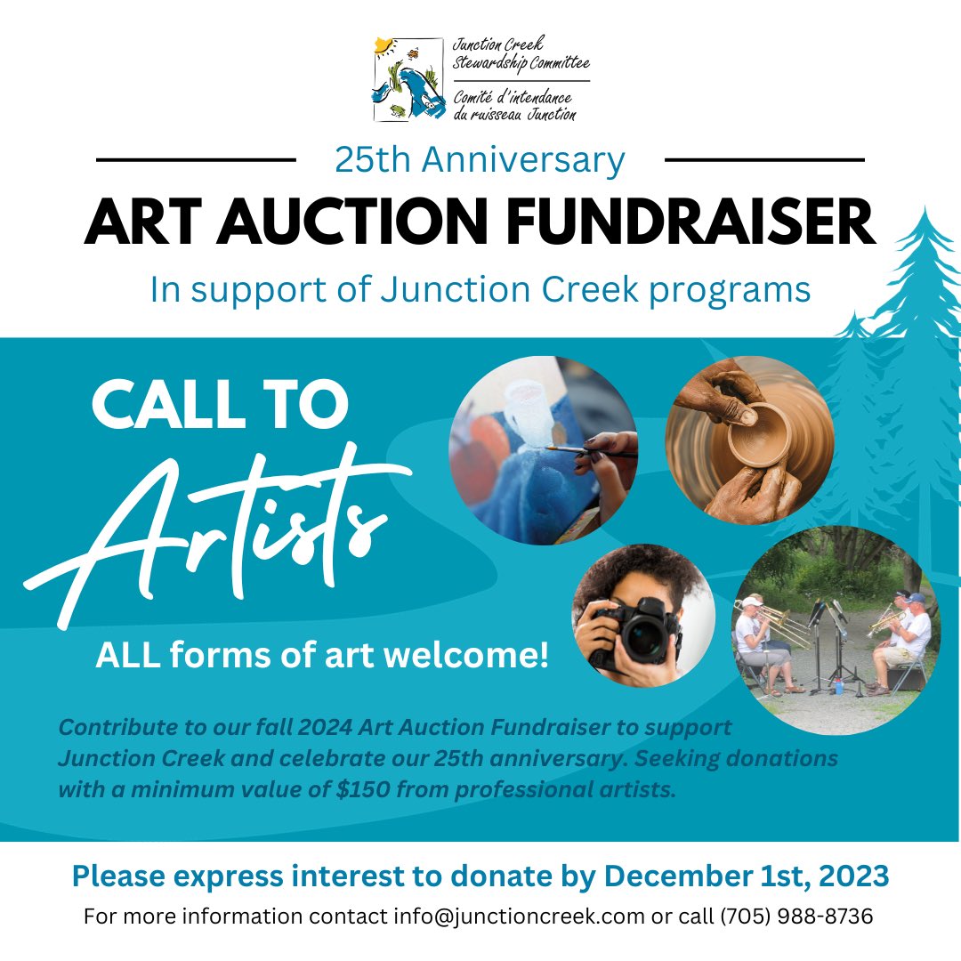 The Junction Creek Stewardship Committee is calling out to local artists to donate original pieces/vouchers for our fall 2024 Art Auction Fundraising event! We are looking for art in the widest sense! For all inquiries or questions, contact info@junctioncreek.com