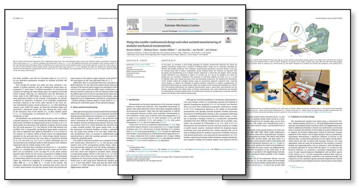 📣 Our paper in Extreme Mechanics Letters presents a comprehensive approach to combinatorial #design, robot-assisted #manufacturing, and #validation of soft modular #metamaterials using Wang #tilings.

Explore the full story at:  authors.elsevier.com/c/1h~uf8MuOhFr…

@Elsevier_Eng #GACR_EXPRO