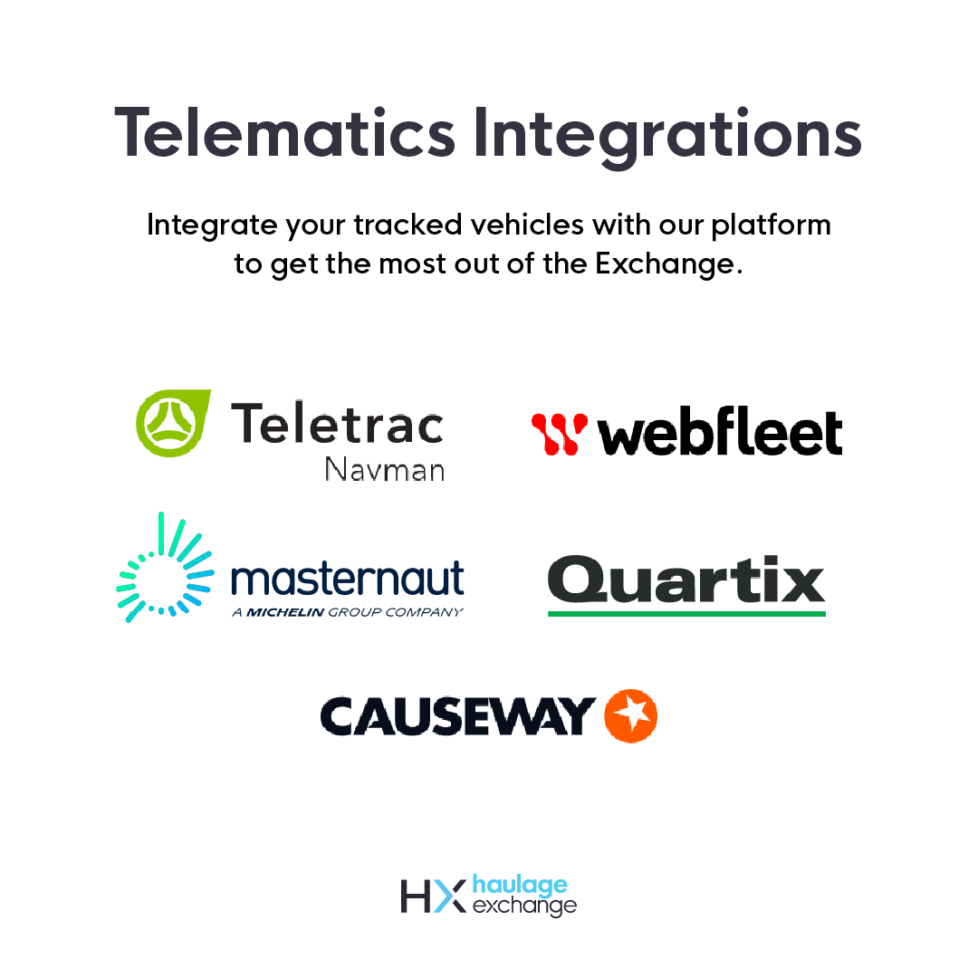 With our telematics integrations, the Exchange can trace your vehicles' locations, and automatically match them to the right loads via the Live Availability Map.

See the full list of supported providers: bit.ly/3QPytAQ