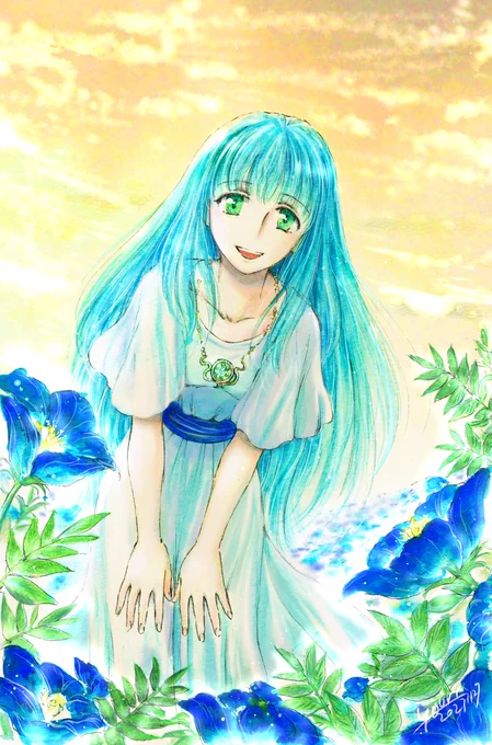 「アドルさん、そろそろ帰ろっか?」花に隠れて眠っていた僕をフィーナが見つけに来てくれた。#いいフィーナの日 #フィーナ #イース 
