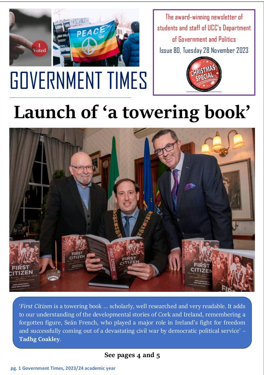 GovUCC's tweet photo. 30-page Christmas Special issue of Government Times is out, produced by students, alumni & staff of the Department of Government & Politics @UCC. This issue covers activities over the past six weeks. @uccgovpol @johbees @MaryCMurphy @UCCResearch @corkcitycouncil @HubEuropCitizen https://t.co/rHbXt6kmSt