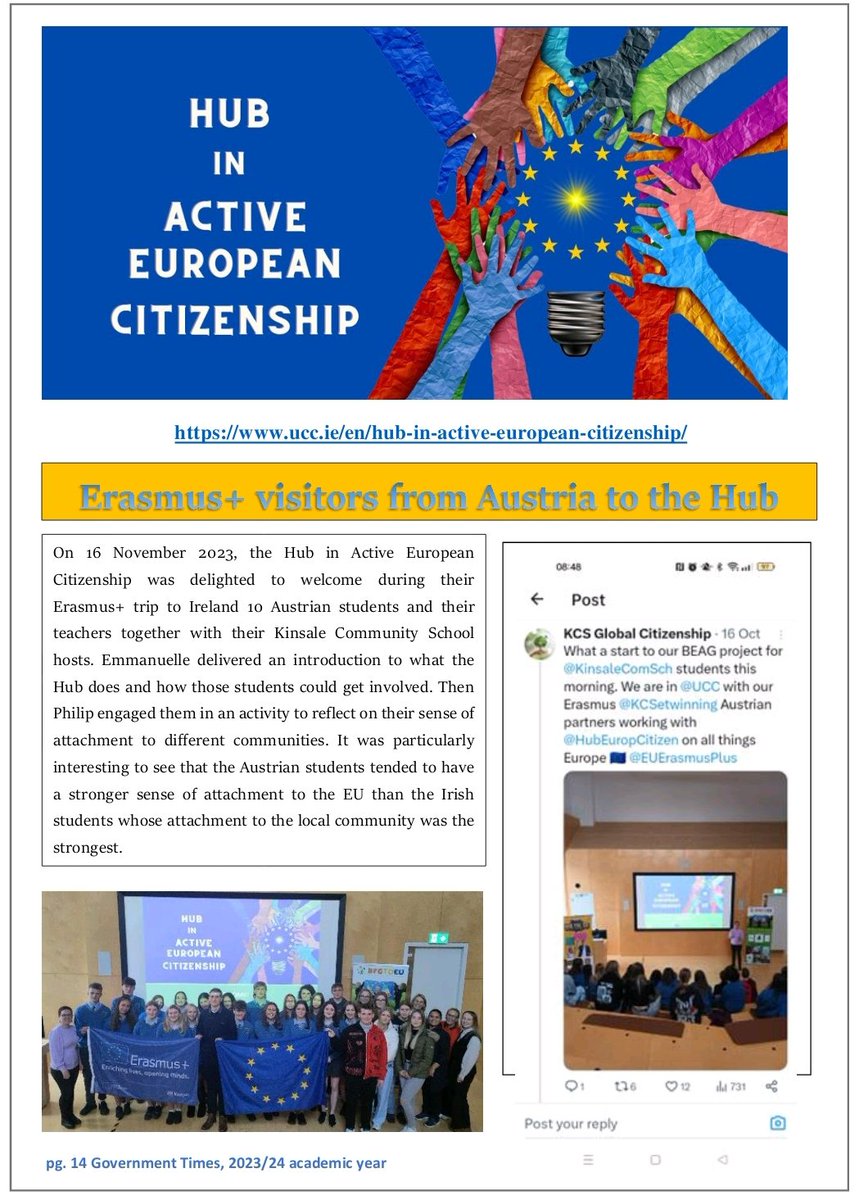 GovUCC's tweet photo. 30-page Christmas Special issue of Government Times is out, produced by students, alumni & staff of the Department of Government & Politics @UCC. This issue covers activities over the past six weeks. @uccgovpol @johbees @MaryCMurphy @UCCResearch @corkcitycouncil @HubEuropCitizen https://t.co/rHbXt6kmSt