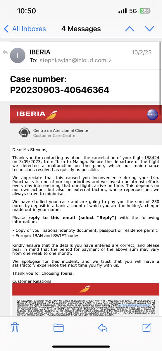 Stephanie221990's tweet photo. @Iberia @Iberia_en @CandelaFernando If you read the email you sent me you advised me you asked for my bank details as the claim was in process, I have not used any company. My claim is submitted by Iberia website. Please get your facts right https://t.co/D2CKPg1Vmm
