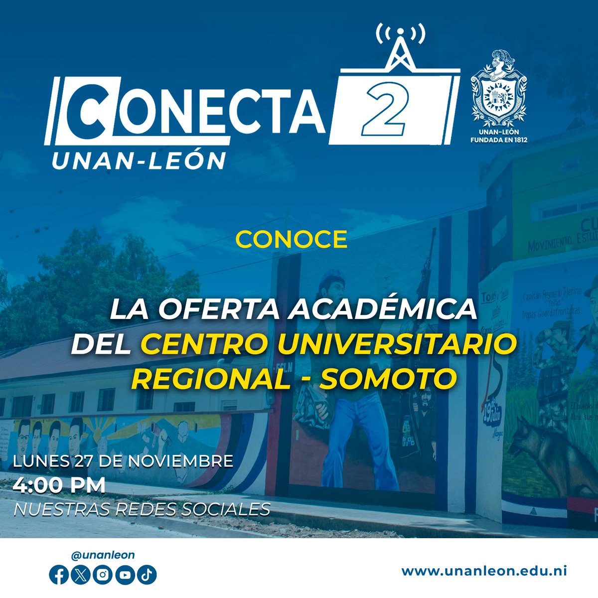 Estimados futuros bachilleres que aspiran a estudiar una carrera universitaria en este Centro Universitario Regional - Somoto, "Augusto César Salinas Pinel", te invitamos a que no te pierdas el programa Conecta2, donde conocerás la oferta académica 2024 de nuestra alma máter.