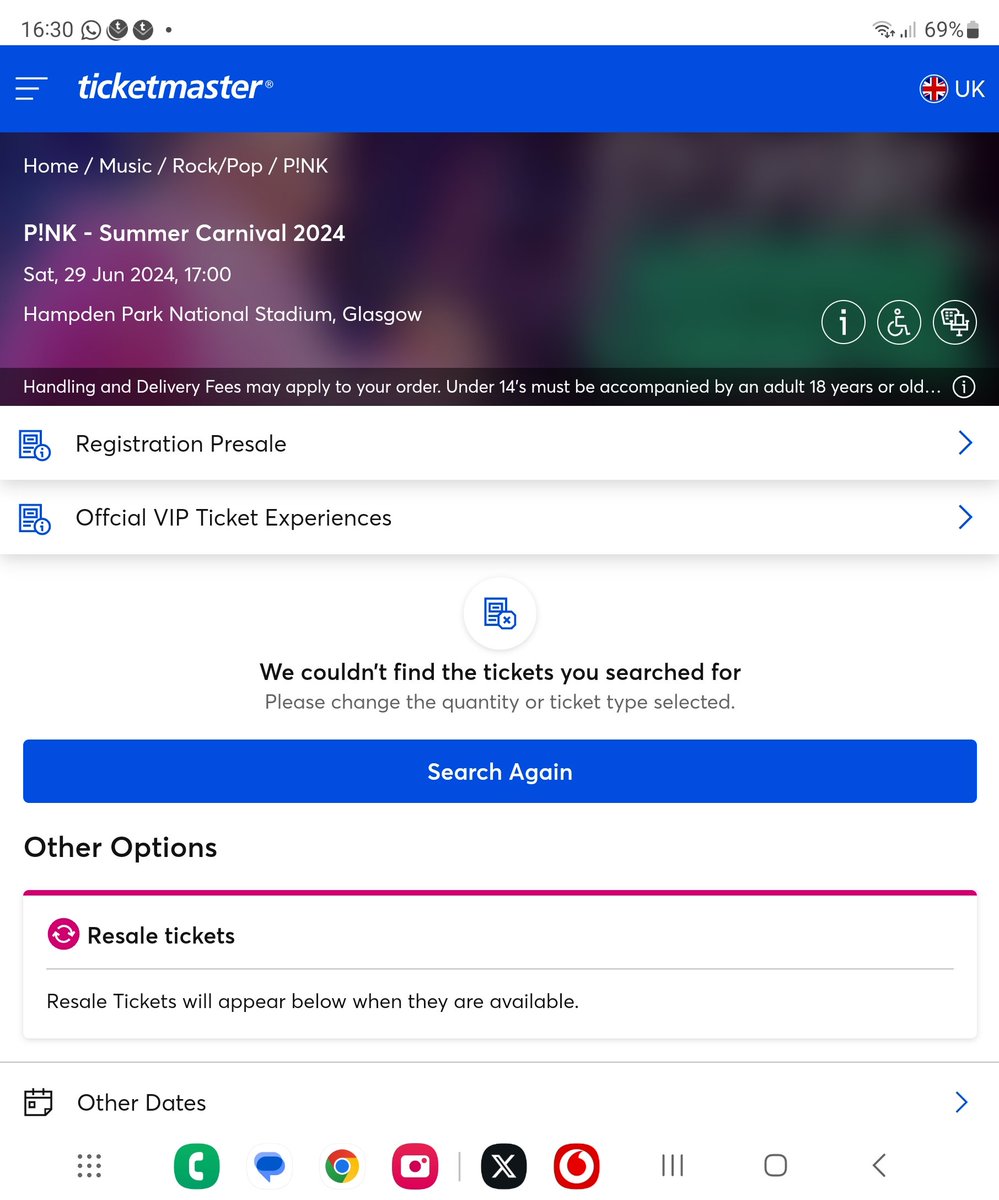 gofer1971's tweet photo. @TicketmasterUK @VodafoneUK trying to get Pink tickets through Vodafone presale. Have the code for booking but this keeps coming up.... what's the issue???
Pretty sure it's not sold out yet...😠 https://t.co/vUj7kl6812