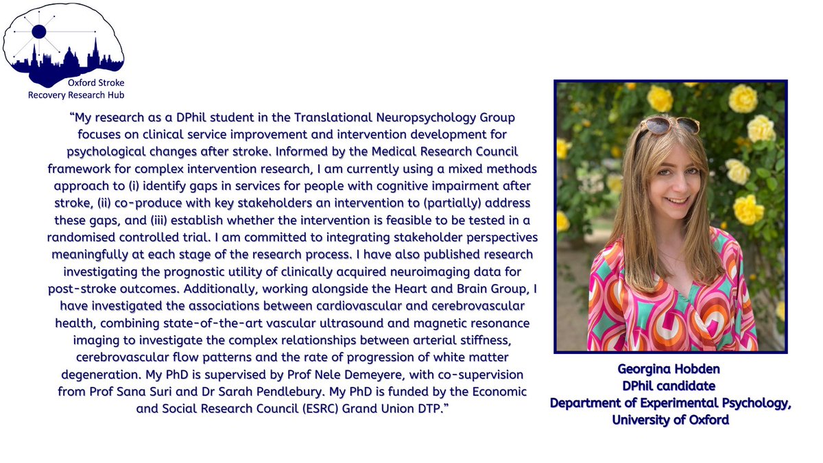 ✨ MEMBER INTRODUCTION ✨

Introducing Georgina Hobden as one of the member’s of our Oxford Stroke Recovery Research Hub 🧠 

Who’s Georgina? What does she do? and what expertise will she bring to our hub? 

Find out below! 👇🔎

#Strokerecovery #SRRH