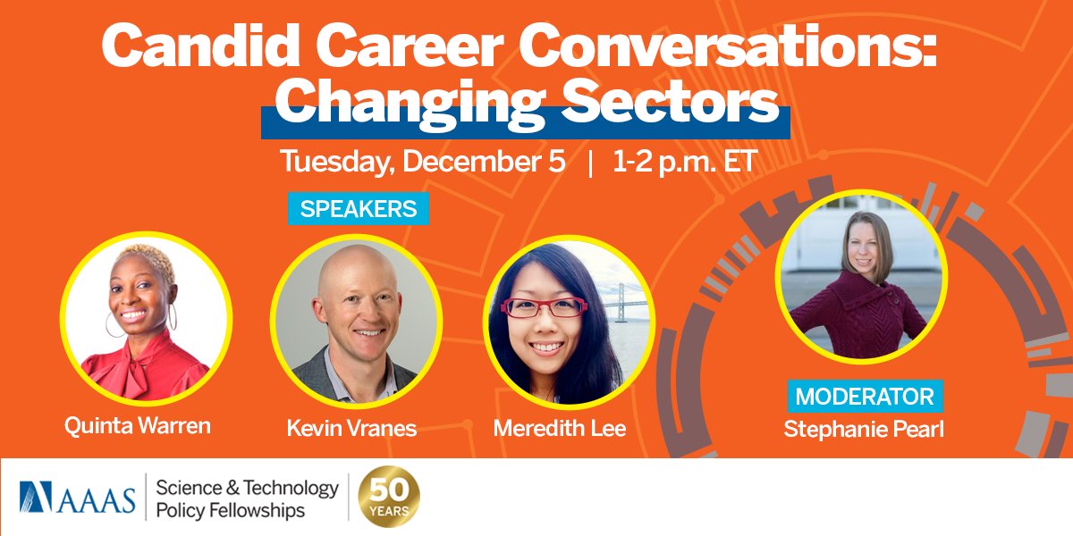 STPF_Alumni's tweet photo. .@AAAS_STPF alumni, are you seeking career inspiration for the new year? Don't miss the virtual "Candid Career Conversation" on Dec. 5! It will feature alumni @DoctorQuinta, @KevinVranes, @mmlee &amp; @pearlsanne discussing their post-fellowship career paths. Invite in your inbox! https://t.co/3s7Va7xfln
