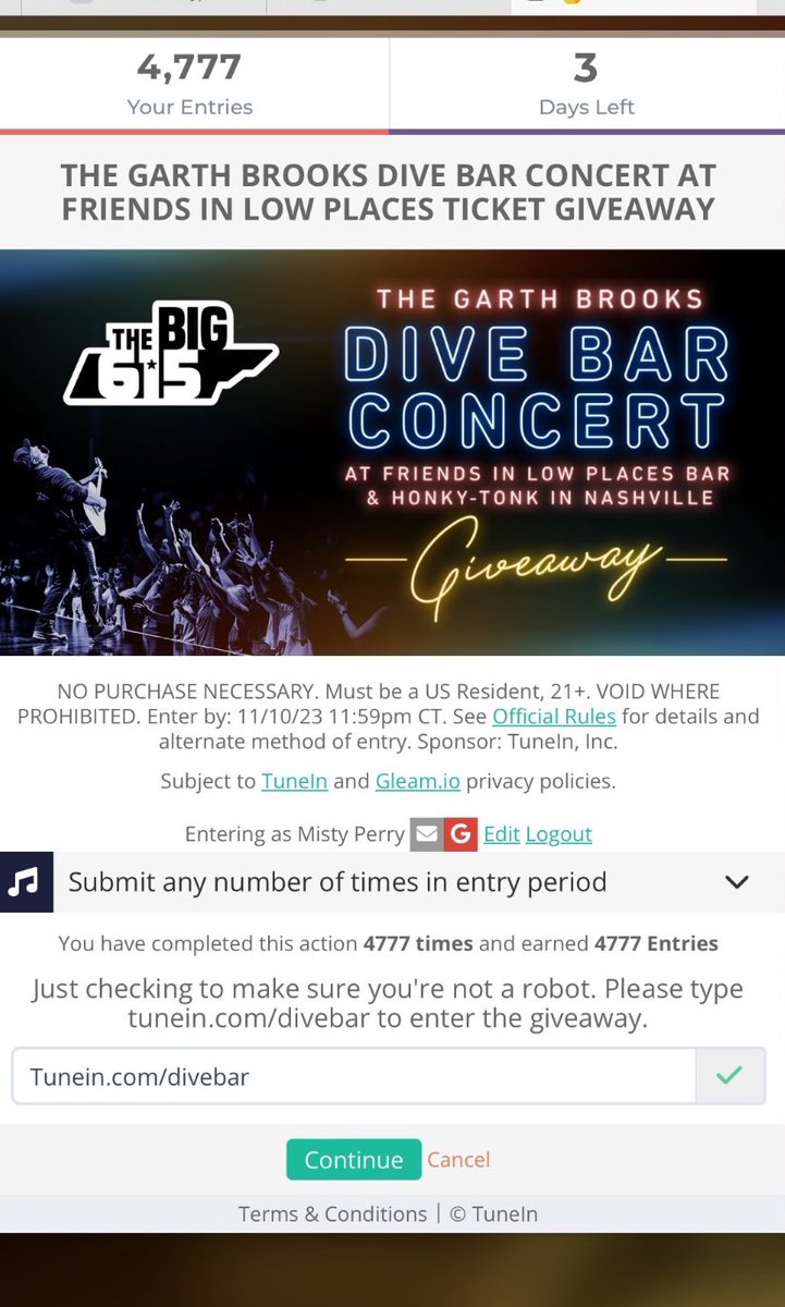 mjperry12's tweet photo. 4,777 entries and didn’t get picked for Friday’s opening. I guess Julie and I will go see @garthbrooks in Vegas this Friday instead! https://t.co/OOHa0wuOr6