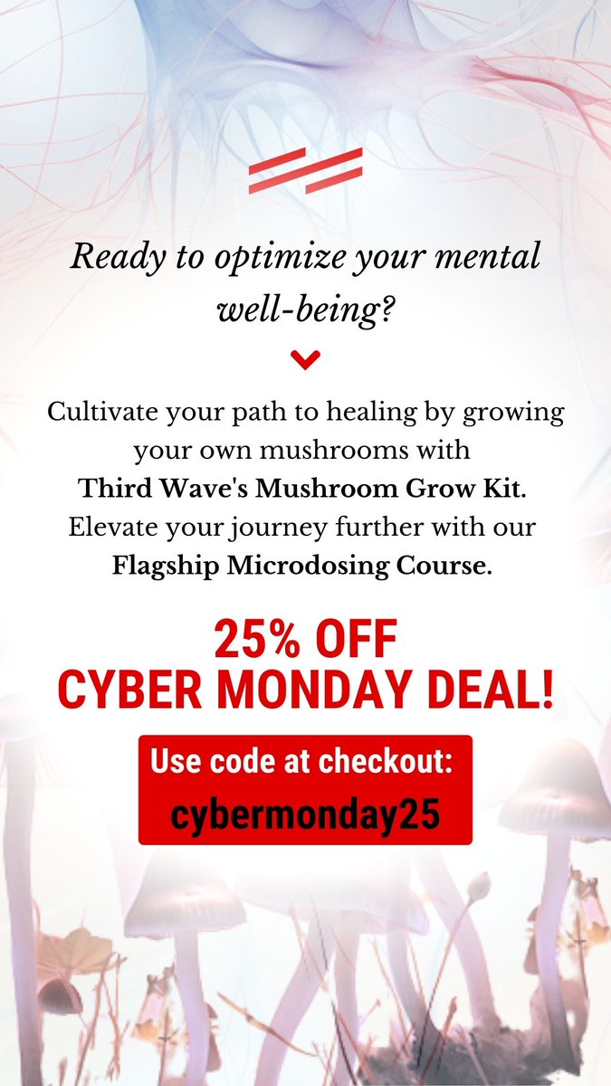 🍄Scientific studies indicate #psilocybin mushrooms’ potential in alleviating #anxiety, #depression &amp; #PTSD. Ready to optimize your mental well-being?
#CyberMonday get 25% off Third Wave’s Mushroom Grow Kit; use code “cybermonday25" at checkout: bit.ly/40NB0QB