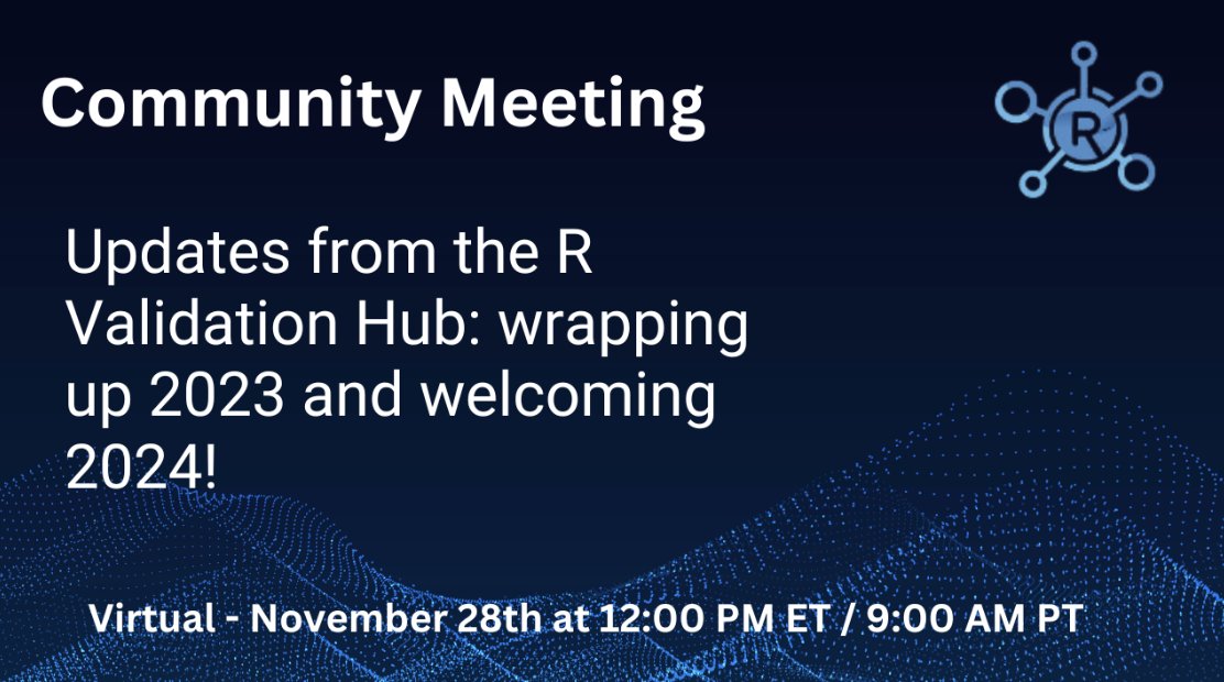 RConsortium's tweet photo. ๐ Wrapping up 2023 with R Validation Hub! ๐
๐๏ธ Nov 28: Last community meeting of the year.
โ
Year's highlights, Reg R Repo insights & more!
๐ Learn more:https://t.co/j5EGN4pz1V
#RValidationHub #DataScience #CommunityMeeting https://t.co/ryuXPKOKlN