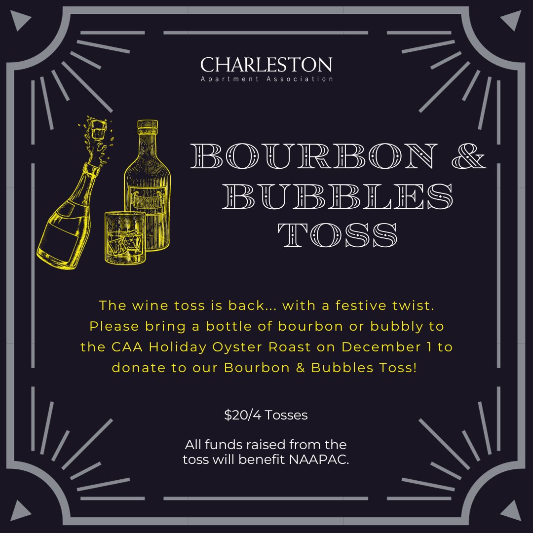 chucktowncaa's tweet photo. The wine toss is back... with a festive twist. Please bring a bottle of bourbon or bubbly to the CAA Holiday Oyster Roast on December 1 to donate to our Bourbon &amp; Bubbles Toss! https://t.co/QvmSoaKRWQ