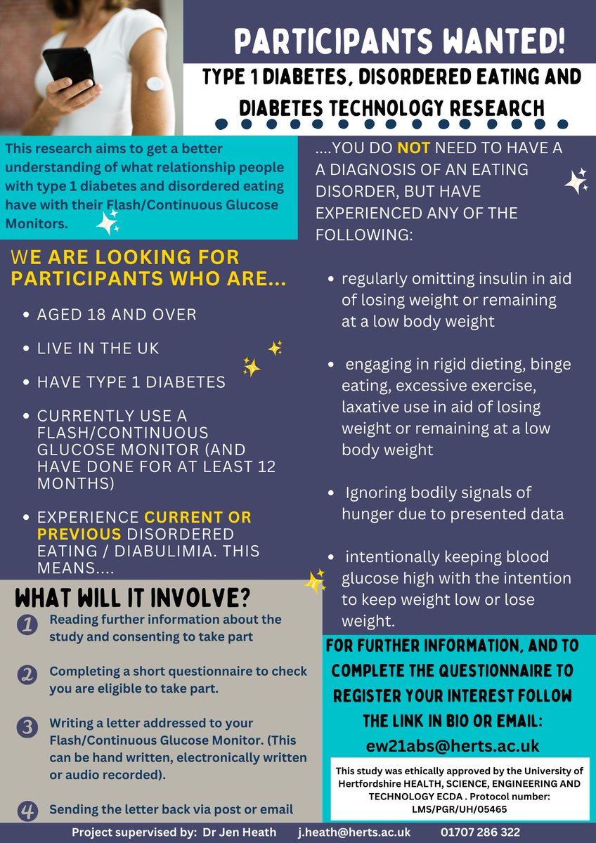 Recruiting participants! Please follow link below (or in bio) to register your interest in taking part and complete steps 1 and 2! herts.eu.qualtrics.com/jfe/form/SV_6S… #T1D #diabetes #t1de #flashglucosemonitor #continuousglucosemonitor #diabetesresearch #freestylelibre #diabulimia