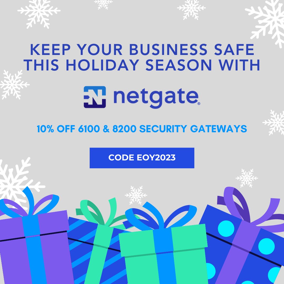 NetgateUSA's tweet photo. Stay jolly this holiday season! ☃️ Safeguard your network with #Netgate and enjoy a 10% discount on #6100 & #8200 #SecurityGateways using code #EOY2023. Keep your digital world merry and secure! 🎁💻
Shop 👉 https://t.co/vv4cU4QHMz* https://t.co/26A5FABRed