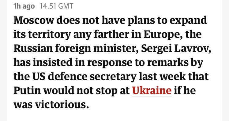 Russia has no plans: On any Ukrainian territory. Ok, Just Crimea Ok, just Crimea & a small part of Donetsk Ok, Just Crimea & all of Donetsk Ok, Just Crimea & all of Donetsk, Kherson, Luhansk & Zaporizhzhia But this time we’re not lying. Ukraine should negotiate.