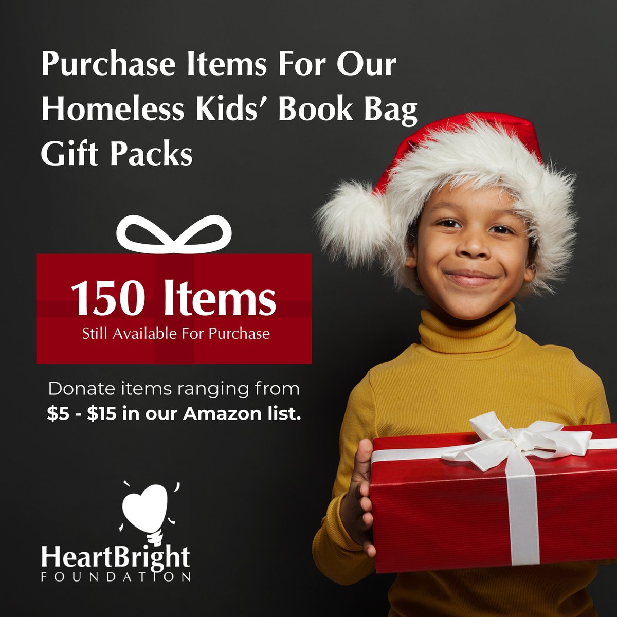 HeartBright's tweet photo. Our Homeless Kids Bookbag Gift Packs are now available for purchase!
We have 150 items still on list. Please arrange to have unwrapped items delivered to our office by noon on 12/11.
View the Amazon gift registry for our homeless kids: https://t.co/33izmt69Nc https://t.co/RLcDpzmZGR
