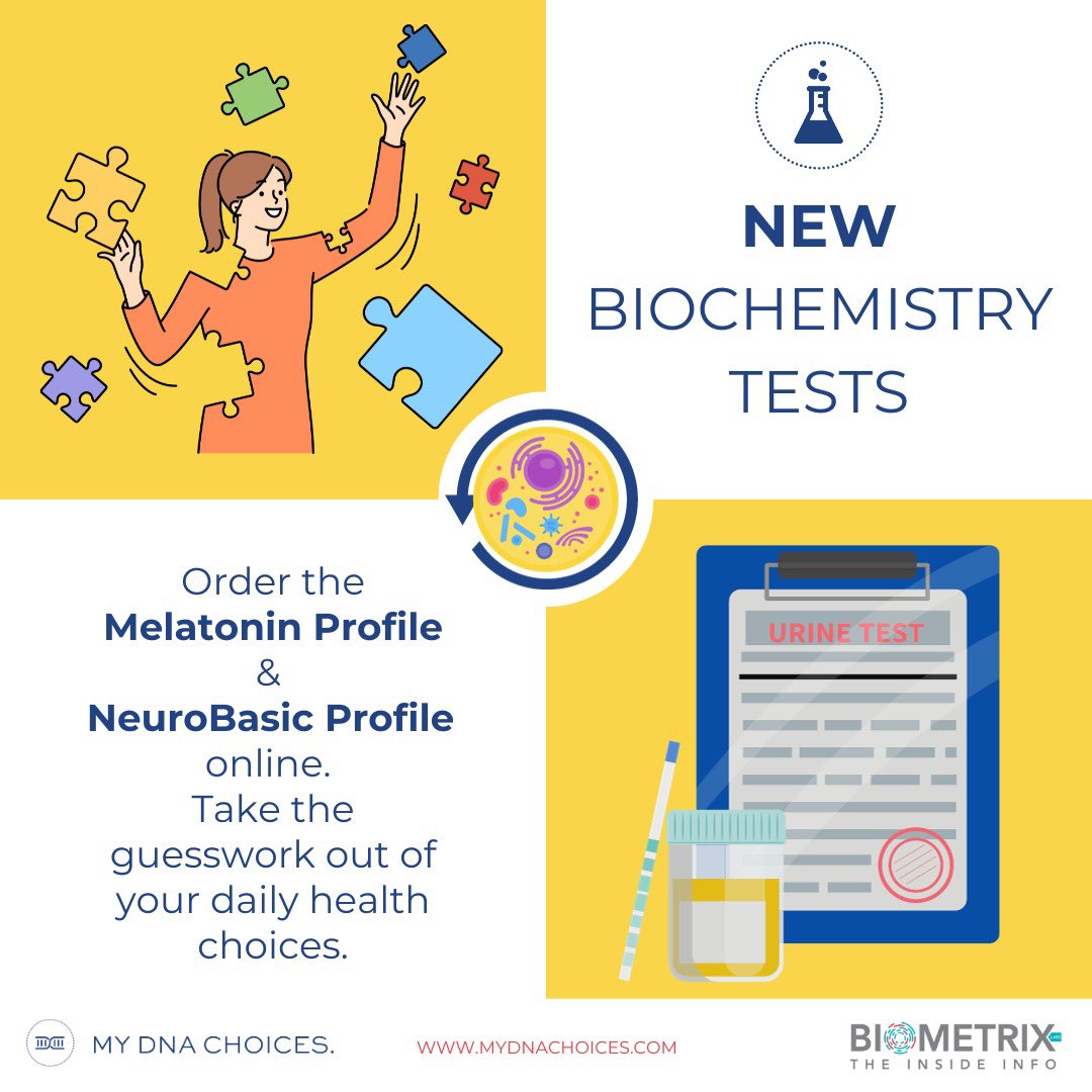 mydnachoices's tweet photo. Just in!
We’re excited to add two more tests to our biochemistry shop - The Melatonin Profile &amp; The NeuroBasic Profile.
Both tests are home, urine tests that are easy to do by yourself.
Order online.
#mydnachoices 
#labworknotguesswork
#melatonin 
#sleep 
#neurotransmitters https://t.co/upc0k2cHQg