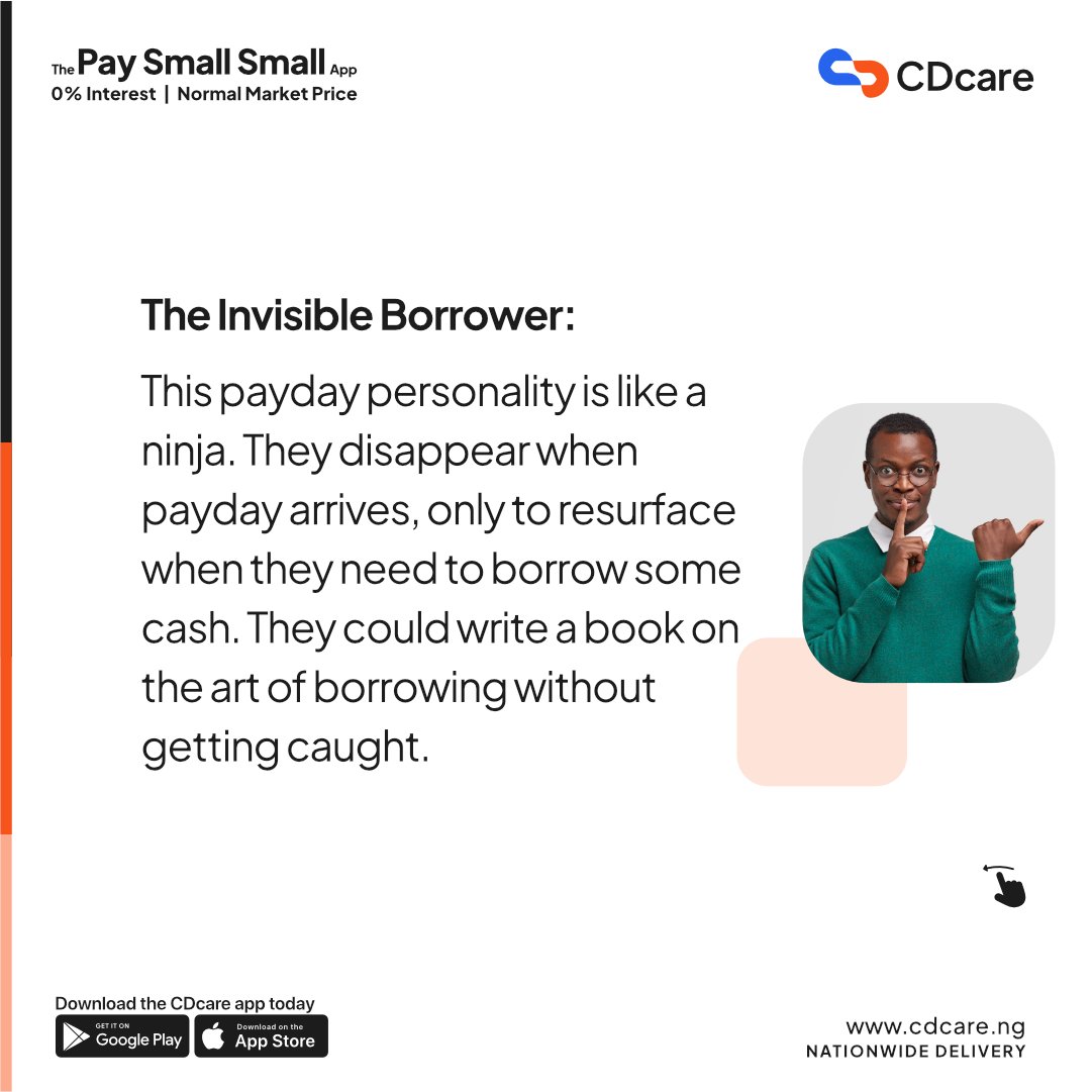 CDcareNG's tweet photo. Which one are you?

It's salary week again, everyone's favourite week of the month. Well, what category of payday personalty do you fall in?
Be that CDcare shopper making wise purchases in convenient instalments.

Click on the link to get started now- https://t.co/eoIvl5icNh

#Salaryweek #CDcarepaysmallsmall