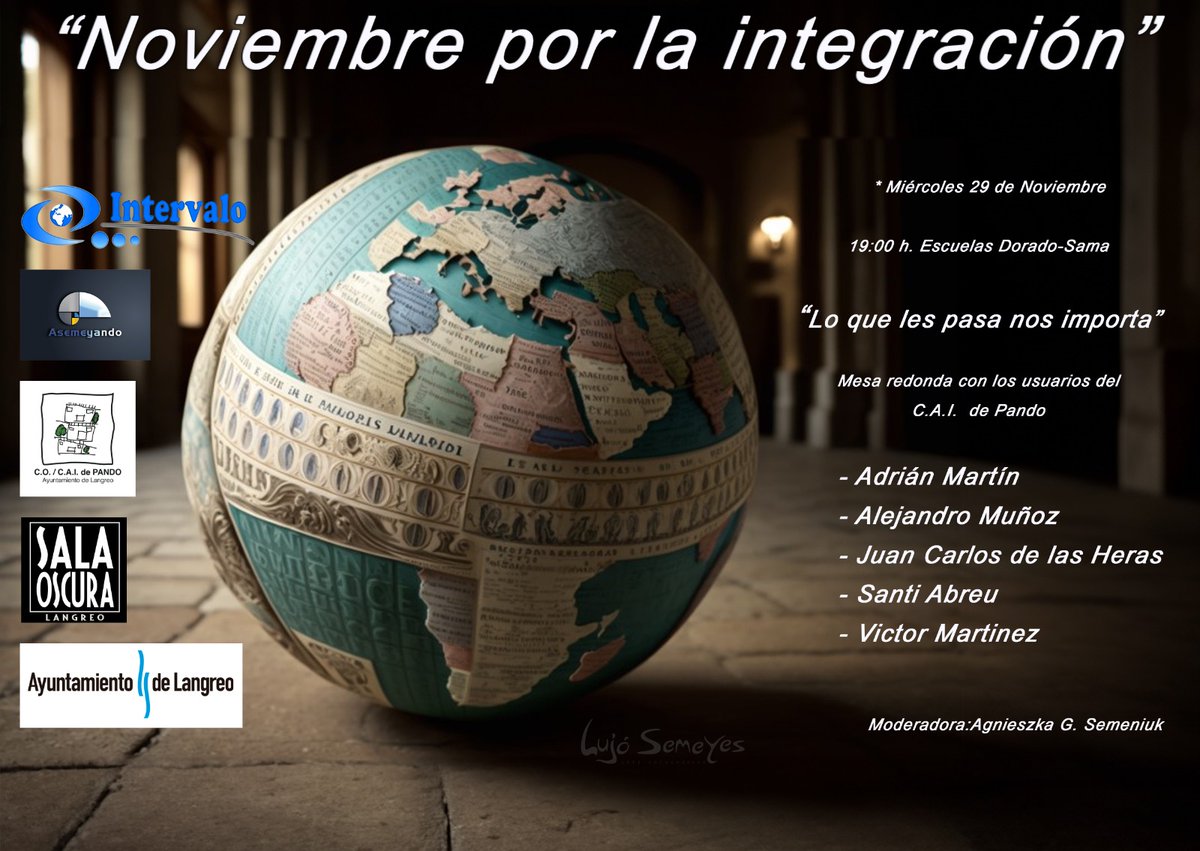 Asoc_Intervalo's tweet photo. Terminamos esta edición de #NoviembrePorLaIntegración con la mesa redonda "Lo que les pasa nos importa" formada por Adrián Martín, Alejandro Muñoz, Juan Carlos de las Heras, Santi Abreu y Víctor Martínez, usuarios del CAI de Pando. Miércoles 29 a las 19:00 en las Escuelas Dorado. https://t.co/jRh2FK6GH1