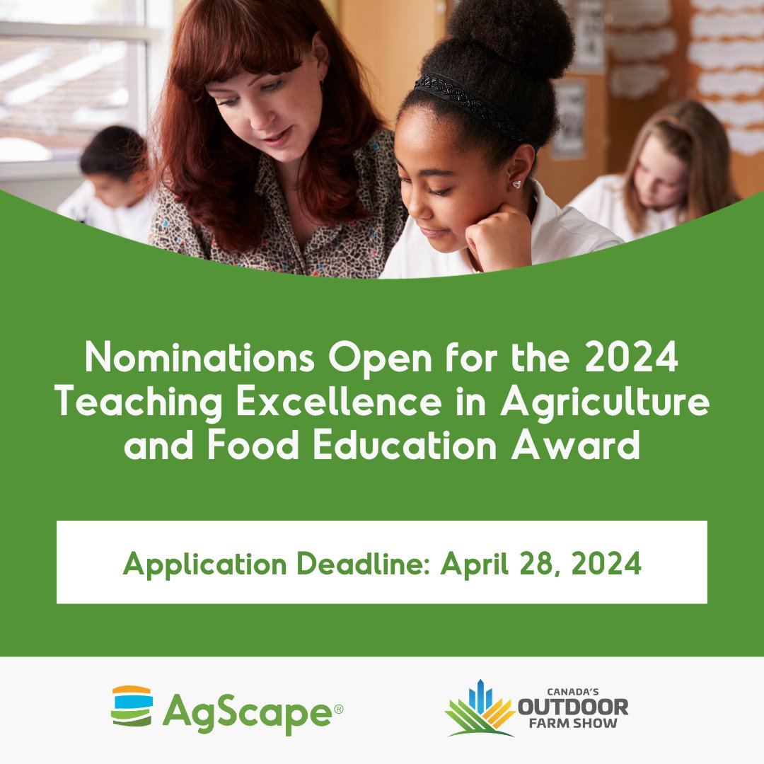 Each year, in partnership with @outdoorfarmshow, we recognize an Ontario educator for their achievements in teaching the importance of agriculture & food. Self-nominate/get nominated for the 2024 Teaching Excellence in Agriculture & Food Education Award: ow.ly/zTOW50QbBLo