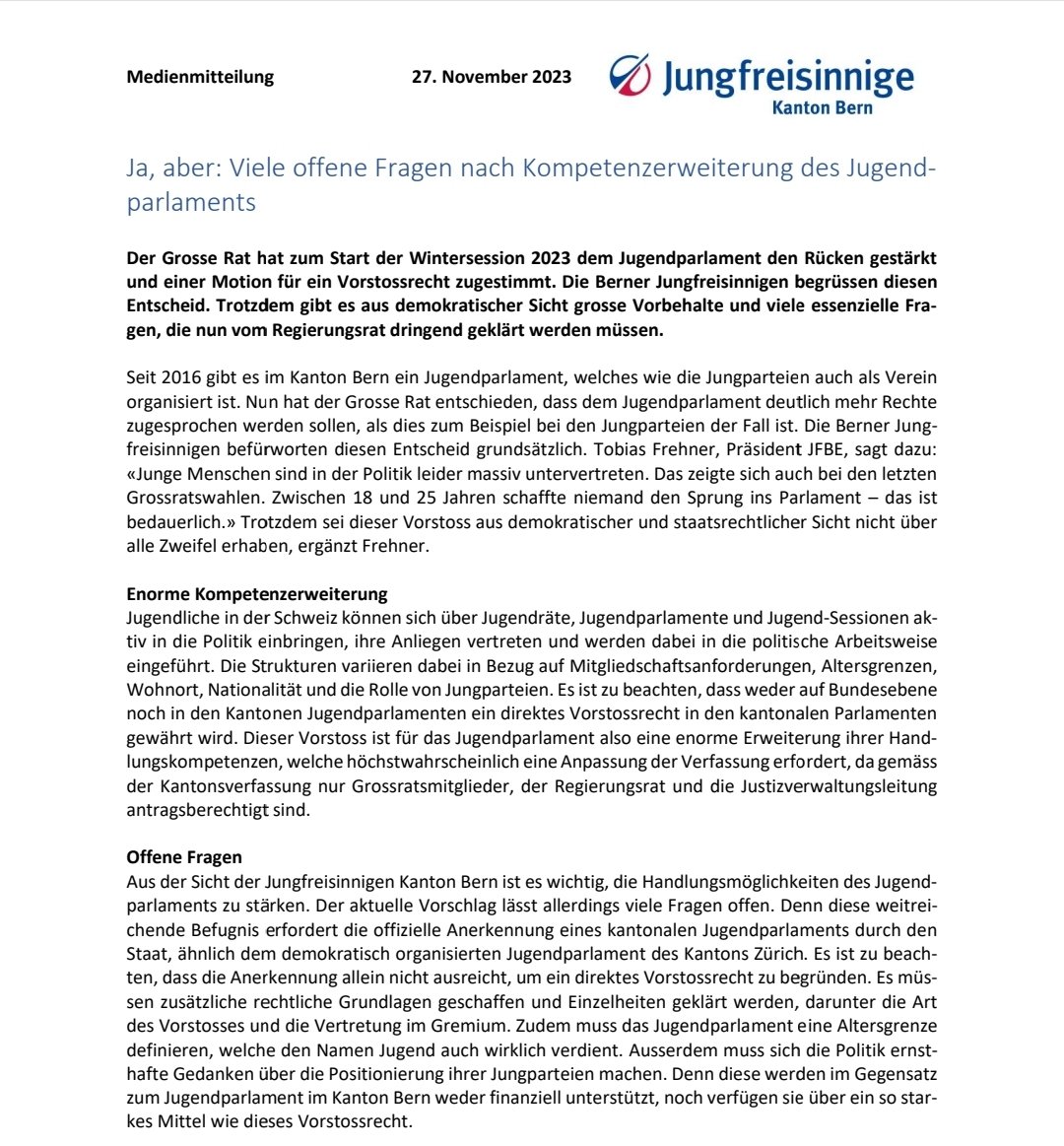JungfreisinnBE's tweet image. Folgende #Medienmitteilung haben wir soeben publiziert: Ja, aber: Viele offene Fragen nach #Kompetenzerweiterung des #Jugendparlaments. Wir begrüssen diesen Entscheid grundsätzlich. Trotzdem gibt es aus demokratischer Sicht Vorbehalte, die nun geklärt werden müssen. @fdp_bern
