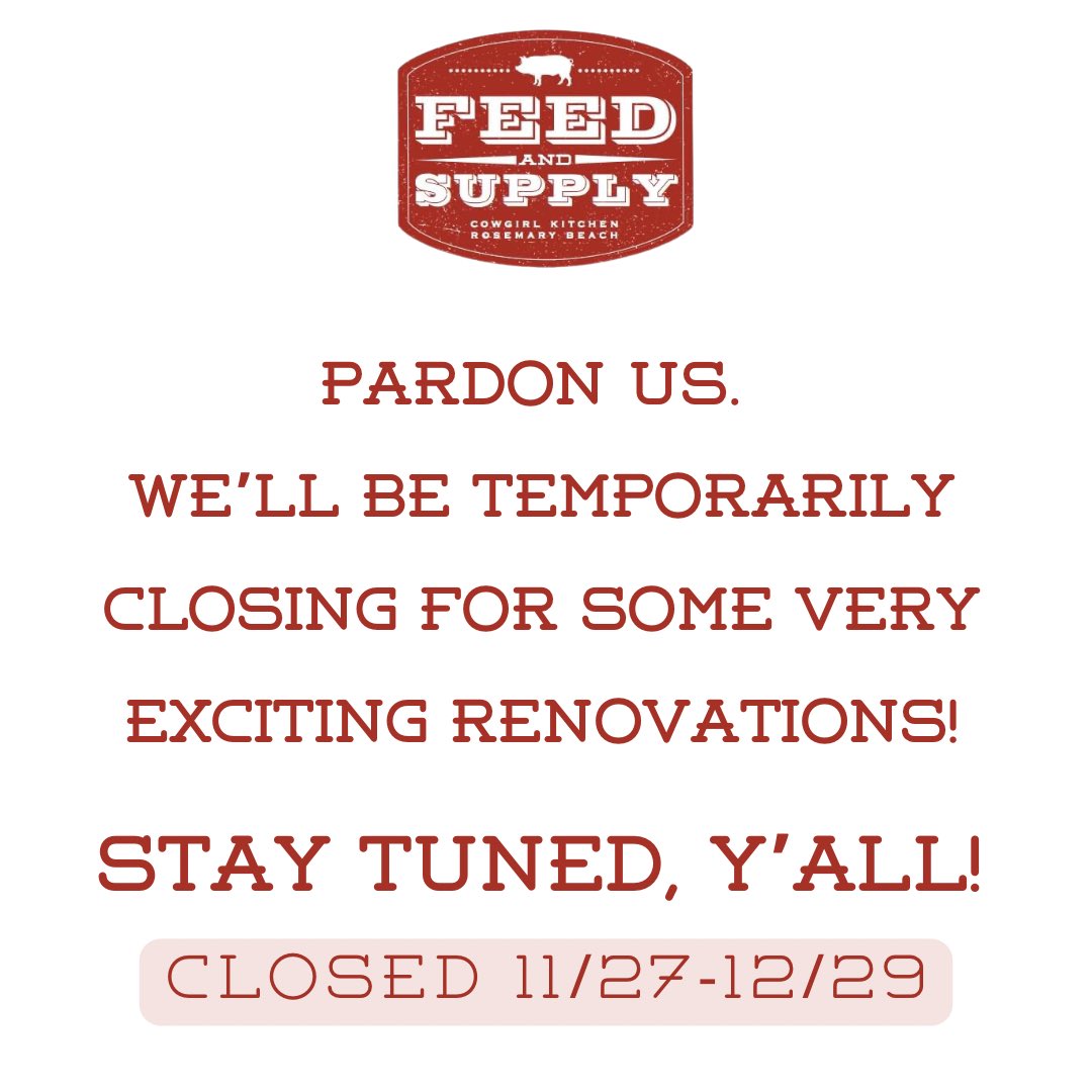 ckfeedandsupply's tweet photo. We're fixin' to spruce things up real nice with some good ol' renovations! 🛠️ From 11/27 to 12/29, we'll be takin' a break to polish this gem and bring y'all somethin' mighty fine. Stay tuned for the grand reveal – we're cookin' up somethin' special! 🌟

#30A https://t.co/mb6T86G30k