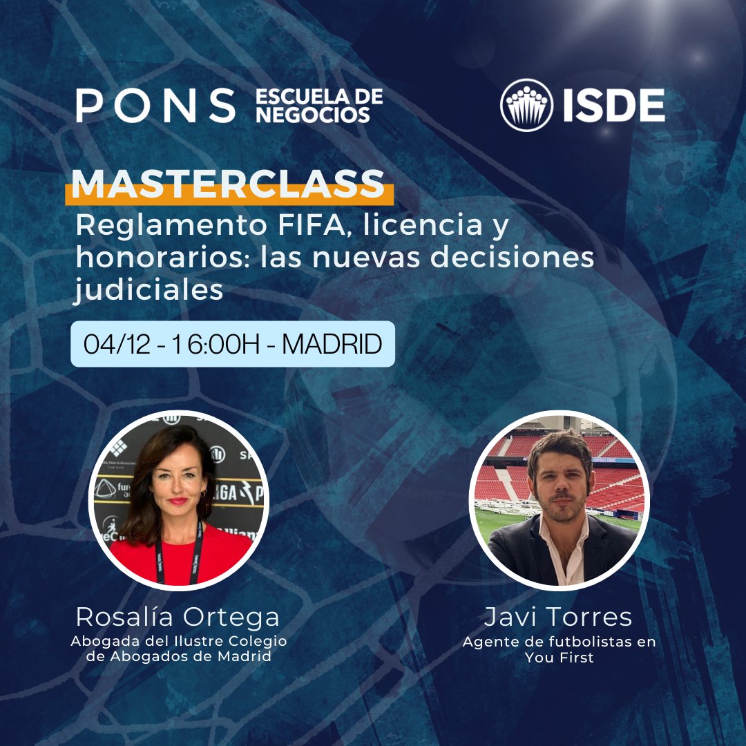 El nuevo Reglamento FIFA. El tema más conversado ahora mismo en el mundo deportivo a nivel mundial, y nosotros, por supuesto, queremos que estés al tanto.  

El 4 de diciembre tenemos una cita con Rosalía Ortega y <a href="/JaviTorresCifu/">Javi Torres</a>

Inscríbete👇 ponsescueladenegocios.com/eventos/master…