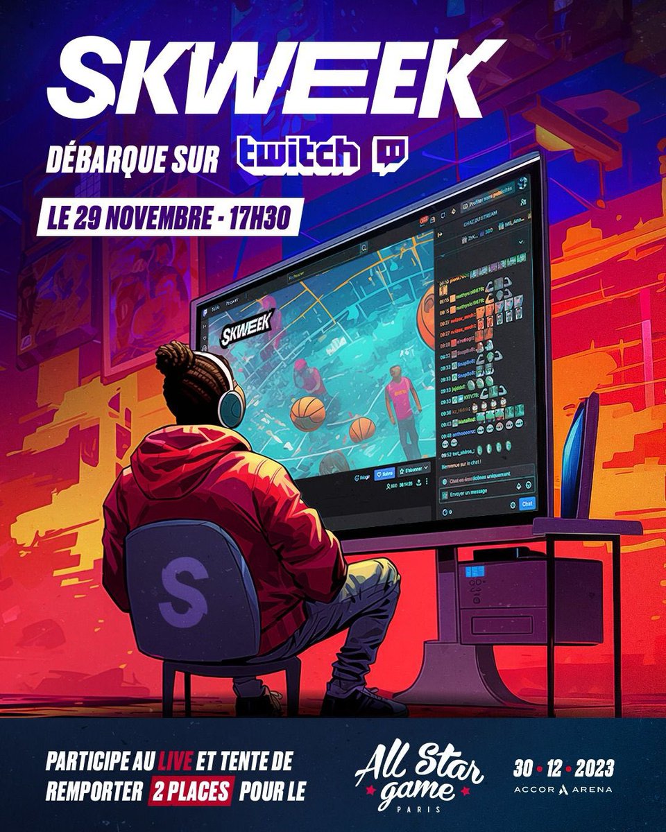 SkweekSports's tweet photo. 𝗦𝗞𝗪𝗘𝗘𝗞 débarque sur 𝗧𝘄𝗶𝘁𝗰𝗵 !

Tente de remporter 2️⃣ 𝗽𝗹𝗮𝗰𝗲𝘀 pour le 𝐀𝐥𝐥 𝐒𝐭𝐚𝐫 𝐆𝐚𝐦𝐞 𝐋𝐍𝐁 à l’Accor Arena de Paris.

Pour cela rien de plus simple, republie le post et abonne-toi à notre compte Twitch !

https://t.co/irQKB6BtV5

📺 RDV 𝗺𝗲𝗿𝗰𝗿𝗲𝗱𝗶 𝟮𝟵 𝗻𝗼𝘃𝗲𝗺𝗯𝗿𝗲 à 17h30 pour notre première sur Twitch avec au programme la révélation des sélectionnés au 𝐀𝐥𝐥 𝐒𝐭𝐚𝐫 𝐆𝐚𝐦𝐞