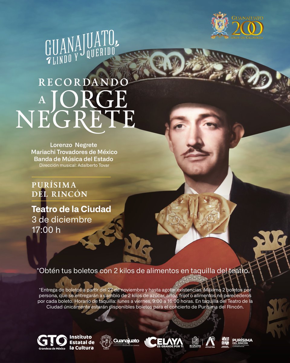#Atención Hoy inicia la entrega de boletos para el concierto "Recordando a Jorge Negrete". Acude a nuestra taquilla y obtén tus entradas a cambio de 2 kilos de alimentos no perecederos.