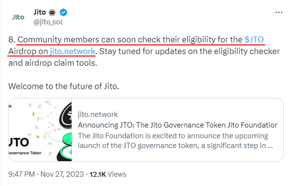 Crypto_Pranjal's tweet photo. Confirmed: Jito Airdrop! 🔥🪂

@jito_sol, the premier Solana Liquid Staking pool, has officially confirmed the upcoming $JTO governance token airdrop.

Details on airdrop eligibility check coming soon!

Snapshot taken on November 25

For more info, check this: https://t.co/IkWWATVxAS