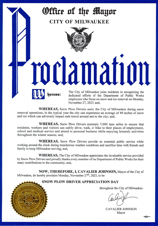 milwaukeedpw's tweet photo. Thank you @MayorMKE for declaring Mon. Nov. 27 Snowplow Driver Appreciation Day in the @cityofmilwaukee. Motorist can show appreciation by remembering to give snowplow drivers plenty of space, as well as showing patience, and giving them time to complete their jobs safely. https://t.co/azLClDy5q0