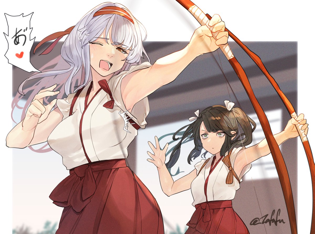shoukaku (kancolle) ,zuikaku (kancolle) multiple girls 2girls japanese clothes twintails long hair weapon hakama  illustration images