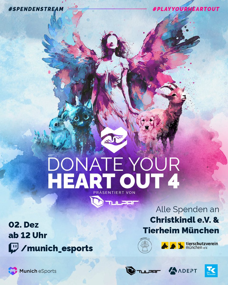 munich_esports's tweet image. Unser 12-Stunden-Spendenstream  live aus München zugunsten von Christkindl e.V. und @TierheimMunchen 

📅  02.12.23 
⏰  Streamstart: 12:00 Uhr
📺 twitch.tv/munich_esports

🪙  Wer bereits jetzt spenden möchte:
betterplace.org/de/fundraising…

🎅🏻 Christkindl e.V.
christkindl-ev.org…