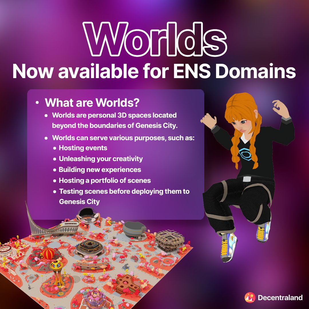 Own an @ensdomains? Transform it into a unique #DCLWorld. 🌐 Embark on the adventure! 👇 builder.decentraland.org/worlds?tab=ens